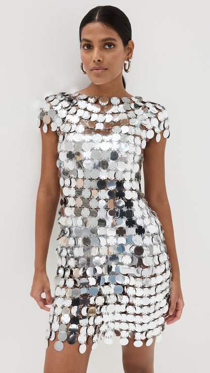 rabanne Iconic Silver Sparkle Disc Dress